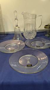 lot 1490 image: pitcher, bell and three etched crystal plates