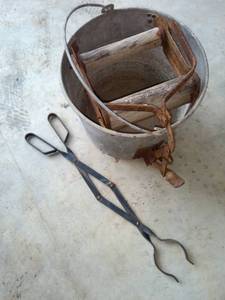 lot 2078 image: old mop bucket planter no holes and a pair of tongs