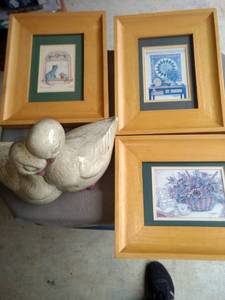 lot 2087 image: 3 cute framed pictures and love birds