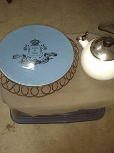 lot 2093 image: blue cake plate and appears new tea kettle