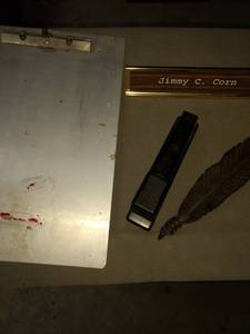 lot 2108 image: antique metal clipboard Stanley stapler wooden feather and Jimmy c corn desk plate