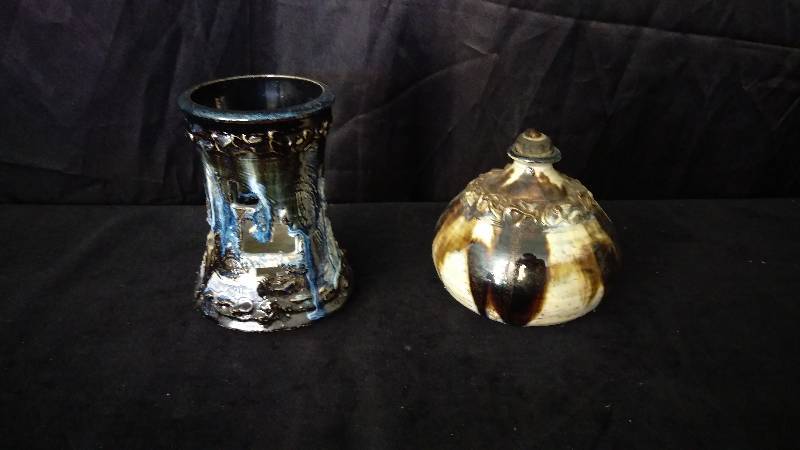 lot 59 image: Pottery Candle Holder and Oil Lamp