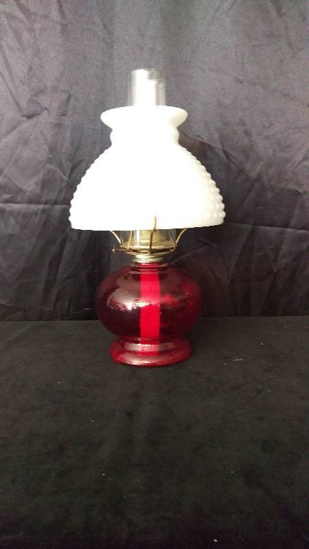 lot 61 image: Ruby Red and Hobnail Milk Glass Oil Lamp