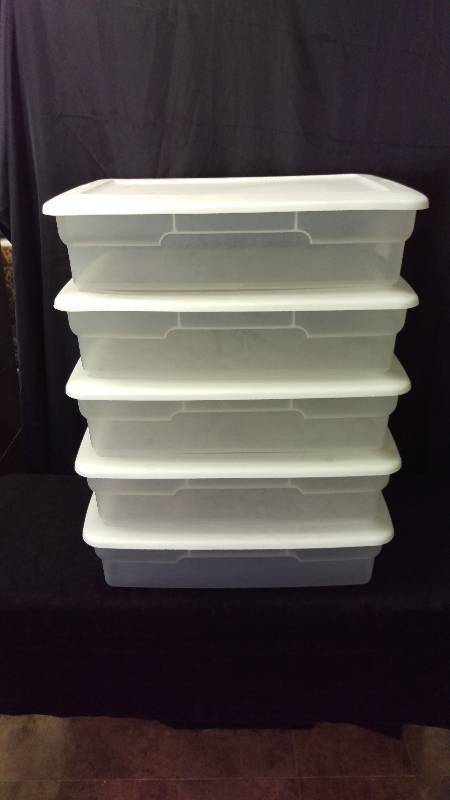 lot 151 image: Lot of 5 Sterilite 28 qt Storage Containers