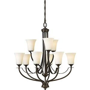 lot 1064 image: Sea Gull Lighting Barrington 9-Light Oil Rubbed Bronze Traditional Transitional Multi-Tier Chandelier with Opal Etched Glass Shades -- MSRP $129