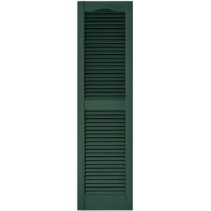 lot 1110 image: Builders Edge 14.5 in. x 43 in. Louvered Vinyl Exterior Shutters Pair in Forest Green -- MSRP $34.99