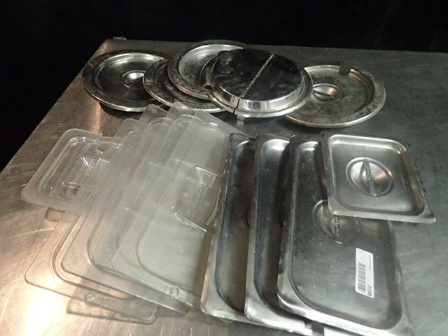 lot 3645 image: Lot of Stainless and Plastic Lids and a Server Tray