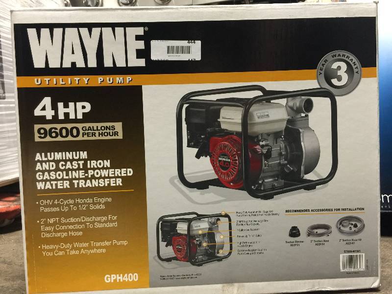 lot 444 image: WAYNE GPH400 4 HP Portable Gas-Powered Water Transfer Pump With 2 in. Discharge With Solids Handling