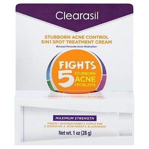 lot 17139 image: Clearasil Stubborn Acne Control 5 in 1 Spot Treatment Cream, Maximum Strength, Benzoyl Peroxide Acne Medication, Fights Blocked Pores, Pimple Size, Excess Oil, Acne Marks & Blackheads, 1 oz.