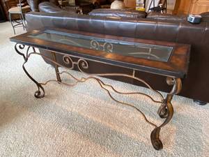 lot 9736 image: Gorgeous Iron, Wood and Glass Sofa  Entryway Table - 60w x 16d x 30t - matching tables on lots 9737 &amp 9738