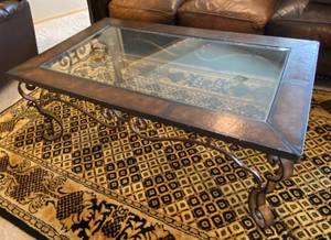 lot 9737 image: Gorgeous Iron, Wood and Glass Coffee Table - 52w x 32d x 18.5t - matching tables on lots 9736 &amp 9738