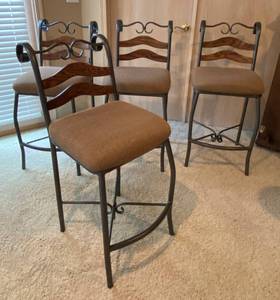 lot 9740 image: Iron and Wood Bar Stools w Nice Fabric Seats - See Pics for Measurements