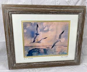 lot 9753 image: Framed Print Sunrise Seagulls by Pam E. Webb 1986 - Signed by the artist