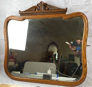 lot 9757 image: Antique Framed Mirror w hardware to mount to a dresser - Beautiful wood and flourish on top -&nbsp See pics for measurements