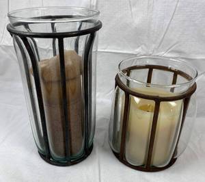 lot 9758 image: Lot of two Metal and Glass Candle Holders - 10 and 7 tall - Great Style w candles
