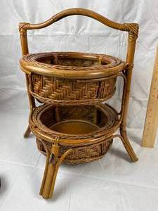 lot 9762 image: Very Unique 2-Tiered Wicker Stand - Excellent Condition - Almost 20 inches tall