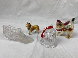 lot 9773 image: Lot of Collectible Knick Knacks - Glass Shoe (Fenton) Glass bell, Vintage Collie and Vintage Cat