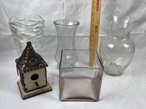 lot 9791 image: Lot of Nice Glass Vases and a Decorative Bird House