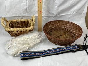 lot 9795 image: Nice Guitar Strap, Plastic Draw String Bags (New) and two nice decorative baskets