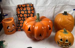 lot 9813 image: Halloween Pumpkin Lot - HUGE Ceramic Pumpkin and Other Pumpkins and Table Cloth
