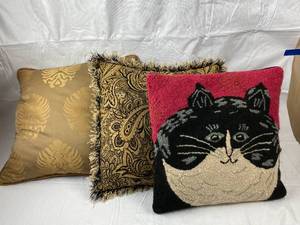 lot 9816 image: Lot of 3 Nice Decorative Pillows Including a Whimsical Cat Pillow (Wool)