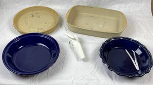 lot 9826 image: Lot of Pampered Chef Baking Stoneware and Two&nbsp Cobalt Pie Plates w TPC Can Opener