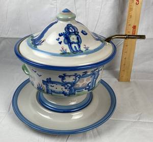 lot 9828 image: RARE M. A. Hadley Stoneware Pottery Soup Tureen Underplate & Lid Farm Pattern Excellent w Silver Ladle