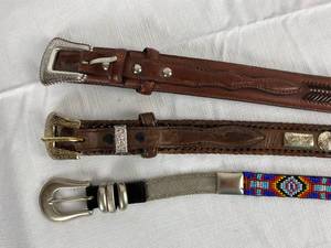 lot 9854 image: Lot of 3 Belts - Leather, Beaded - High Fashion - $$ - Nacona size 42, adn two that are a little smaller