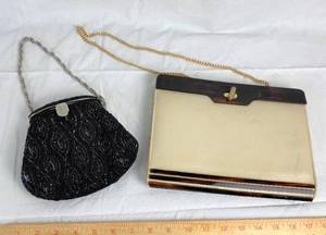 lot 9859 image: Lot of 2 Designer Hand Bag Purses - Kate Lanrdy Black Beaded - NEW w logo wrap still in place and other pocketbook