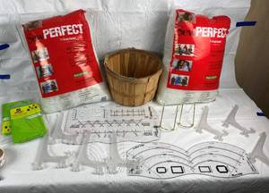 lot 9867 image: Lot of Craft Items - Flannel Blanket Templates, Two NEW bags of Polyester Fiber Fill, PictureArt Stands, Small Apple Basket and more