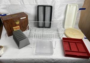 lot 9868 image: Organizing Lot- Vintage Porta File (no key), White Sliding Rack, Small Lazy Susan and more