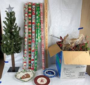 lot 9878 image: Box of X-mas Goodies- Plates Wrapping, Prim Style Tree, Box of Garland and Fancy Decor - see pics