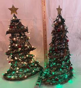 lot 9879 image: Pair of Lighted Christmas Trees - Believed to bee indooroutdoor - Almost 3 feet tall, each Very Pretty