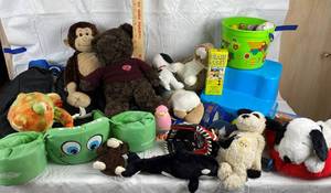 lot 9883 image: Lot of Childrens Items - Brain Quest, Swimming Floatie, Glove, Step Stool and NICE Stuffed Animals