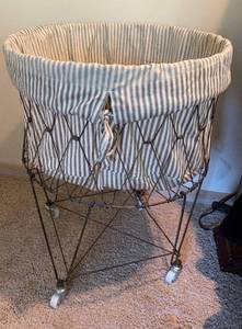lot 9889 image: Pottery Bard Wire Rolling Laundry Basket - These are high dollar see pics for measurements