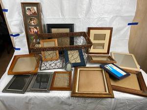 lot 9890 image: Awesome Wire and Wicker Basket and Lot of Picture Frames - Basket Measures 19 x 13 x 10 deep