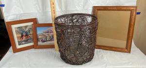 lot 9894 image: Wicker Potted Plant Holder or Office wastebasket, Two Native American Indian Prints and a square picture frame - NICE