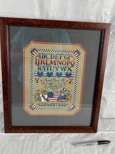 lot 9897 image: Sweet Land of Liberty - Hand Stitched - Framed Cross stitch Red white and blue bear sampler style - BEAUTIFUL