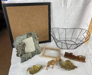 lot 9901 image: Neat Decor Lot - Chicken Wire Basket, Nice Cork Board, Frames and Camel Figurines