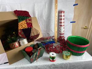 lot 9902 image: Lot of Christmas Ribbon (the nice stuff) Holly Berries and New Poly Mesh - Wooden Box - COOL