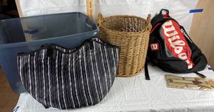 lot 9906 image: Lot of Storage Items - Tub, Bag, Wicker Basket, Baseball Bag  Suspenders NIP