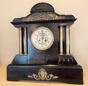 lot 9083 image: Victorian Etched Black Marble and Gilded Brass Mantle Clock - Gorgeous Style MUST SEE Extremely Heavy Black Slate Marble