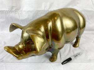 lot 9641 image: Big Brass Pig Statue - Heavy Over a foot from Snout to Tail