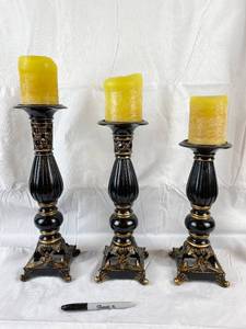 lot 9642 image: Set of three resin candle stands w candles