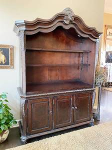 lot 9644 image: Stunning Dark Wood Hutch - Designer Furniture - Lighted Upper Cabinet (3 level touch onoff feature) Customizable shelves - Very Nice See pics