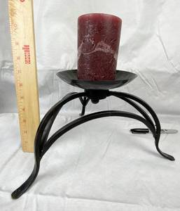 lot 9648 image: Black Wrought Iron Tri-Footed Metal Candle Stand