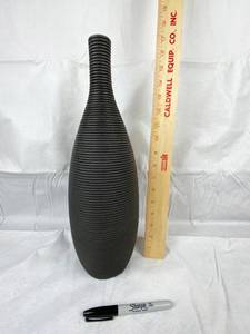 lot 9657 image: Tall Black Ribbed Long Neck Vase - 16 Tall