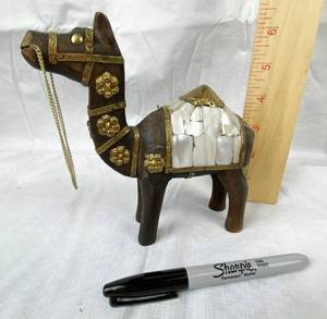lot 9658 image: Unique Wooden Camel with Brass and Abalone Decorations - WOW