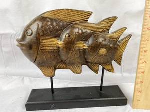 lot 9663 image: Wooden Fish Decor on a wooden stand - Over 9 tall