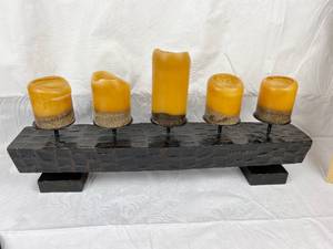 lot 9664 image: Wooden Candle Stand w scented candles - Great Accent Piece - Two Feet Long